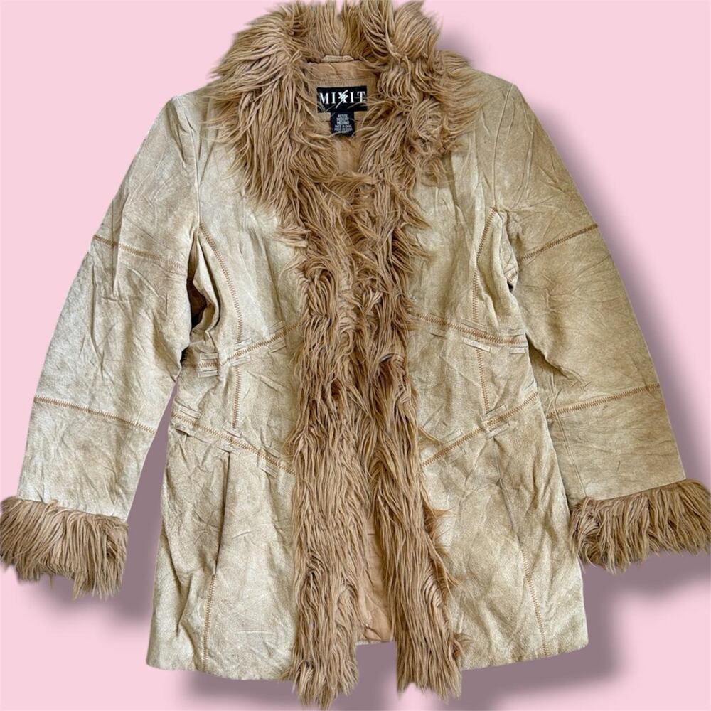 Mixit tan suede faux fur Penny lane coat with woven details, size M